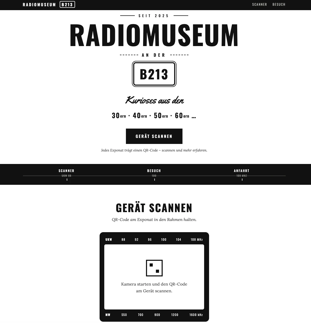 Startseite der Website radiomuseumb213.de mit der Scan-Funktion.